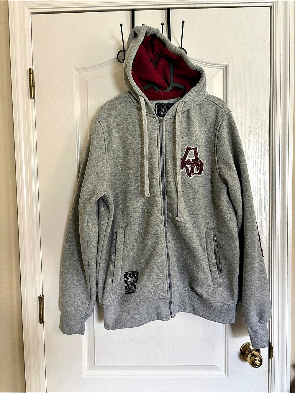 AKDMKS graphic full zip hoodie Men's Gray and maroonSize Large